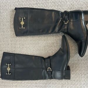 Tory Burch Black Leather Boots with Gold Details
